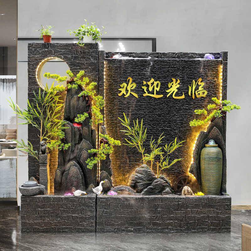 新中式假山流水屏风摆件办公室喷泉水景观客厅玄关大堂入户水幕墙