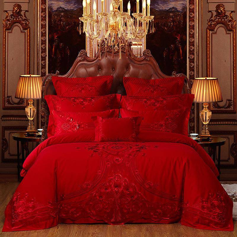 60长绒棉大红婚庆蕾丝四件套多件套粉色刺绣床上用品套件