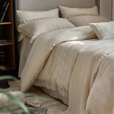 春季美物棉麻提花素色四件套高级感亚麻长绒棉褶皱纱简约大气床品