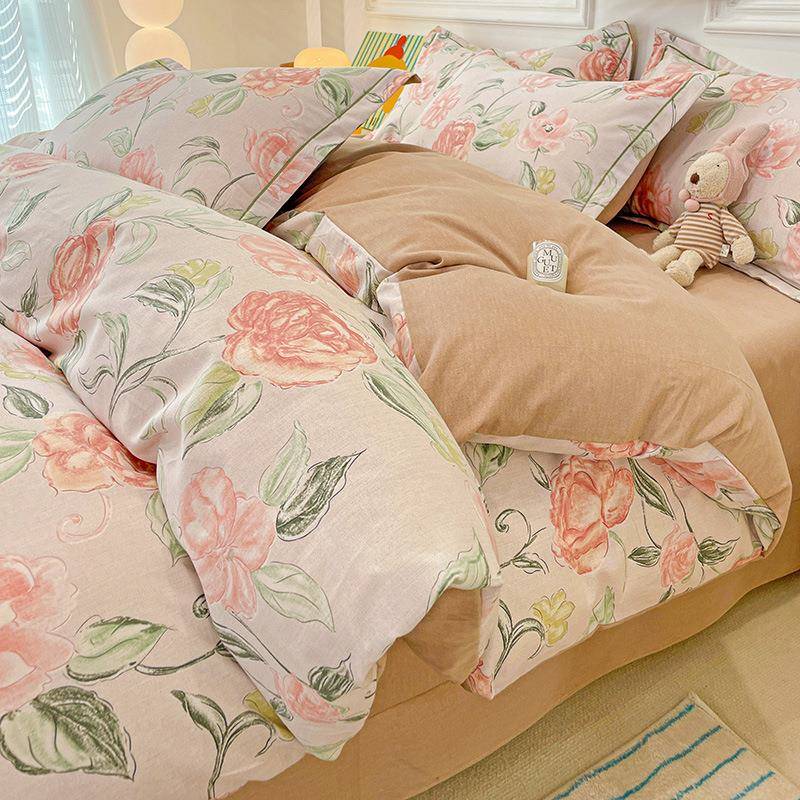 秋冬加厚纯棉磨毛四件套小清新全棉床笠四件套田园风床单被套