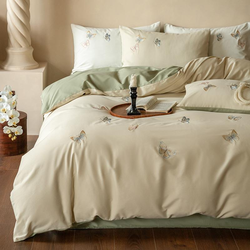 秋冬100S全棉磨毛保暖四件套蝴蝶刺绣被套小清新床上用品1.8床笠