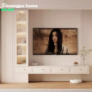 实木奶油风客厅电视柜收纳储物柜一体组合家用背景墙落地电视机柜