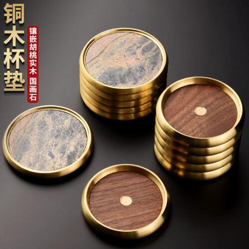 从简国画石纯铜杯托胡桃木茶杯垫高档功夫茶道配件日式隔热茶托子