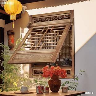 上仿古门窗木雕实木花格中式窗户复古风翻做旧茶室推拉窗镂空松木