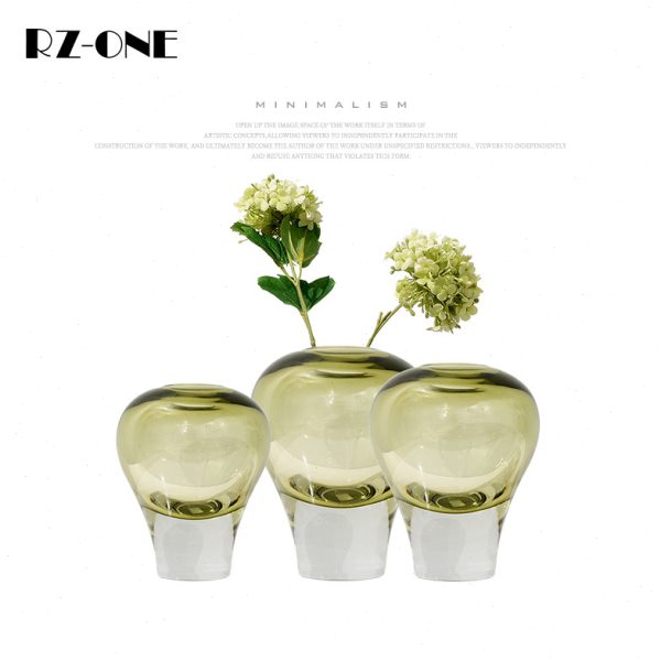 rzone/现代创意浅绿玻璃花瓶铁艺支架装饰品花器摆件客厅茶几摆设