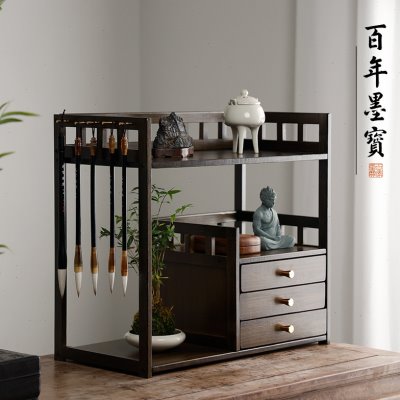楠竹多层博古架 收纳复古毛笔挂中式文房四宝桌面储物架子置物架