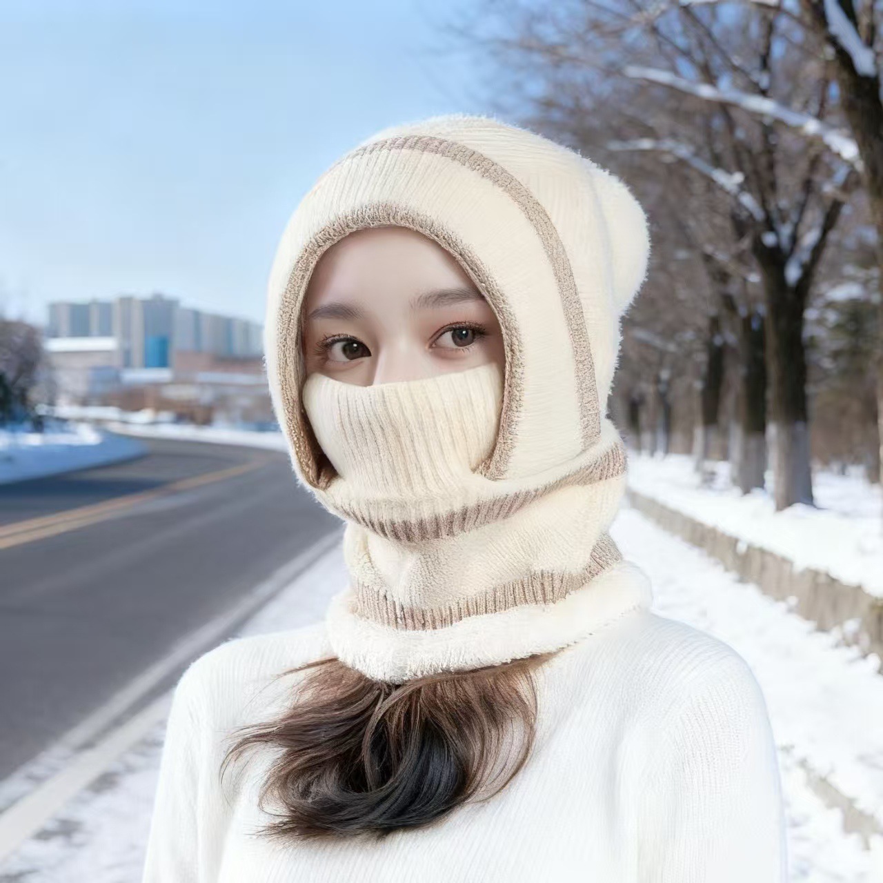 帽子女冬季保暖加厚针织帽子围脖口罩一体帽户外骑车防风护耳帽子