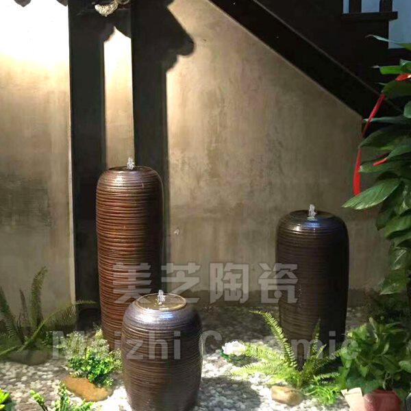 涌泉陶缸装饰喷水花瓶摆件中式楼梯下水池造景观坛子流水喷泉陶罐
