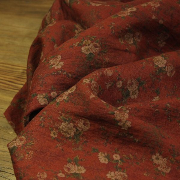 瓦娜原创设计复古21支纯亚麻印花面料高品质衬衫旗袍服装酱红布料