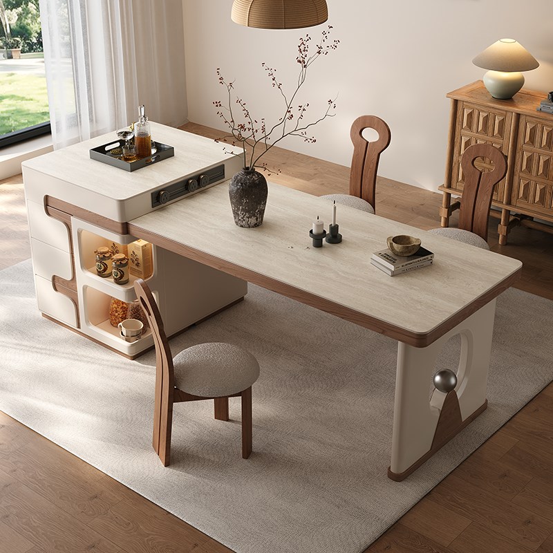 中古风洞石岩板岛k台餐桌一体家用可伸缩语音遥控吧台2025新款岛