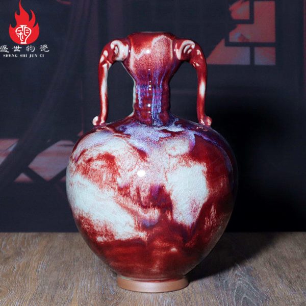 禹州钧瓷花瓶杨志钧窑中式古典书房台面陶瓷插花器高档摆件象鼻尊
