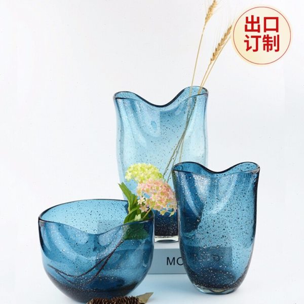玻璃花瓶蓝色手工艺术简约北欧大口插花器家居样板房软装装饰摆件