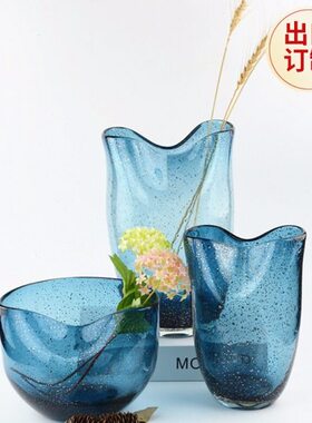 玻璃花瓶蓝色手工艺术简约北欧大口插花器家居样板房软装装饰摆件