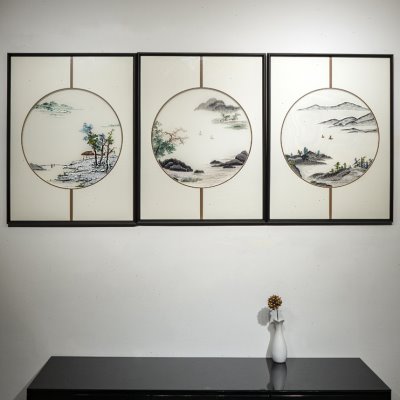 苏绣挂画手工刺绣三连画客厅沙发背景墙山水画装饰画成品带框中式