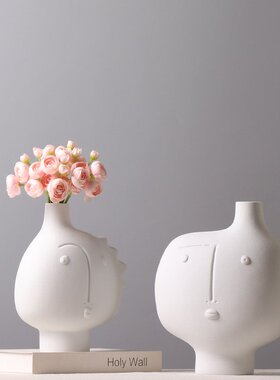 北欧简约人脸花器 样板房售楼部创意陶瓷花瓶 插花装饰品白色摆件