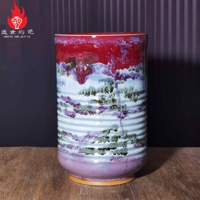 禹州神后镇钧瓷广口花瓶工艺品摆件中式复古陶瓷插花器钧窑变画筒