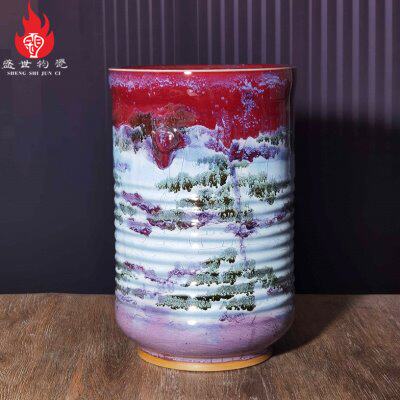 禹州神后镇钧瓷广口花瓶工艺品摆件中式复古陶瓷插花器钧窑变画筒