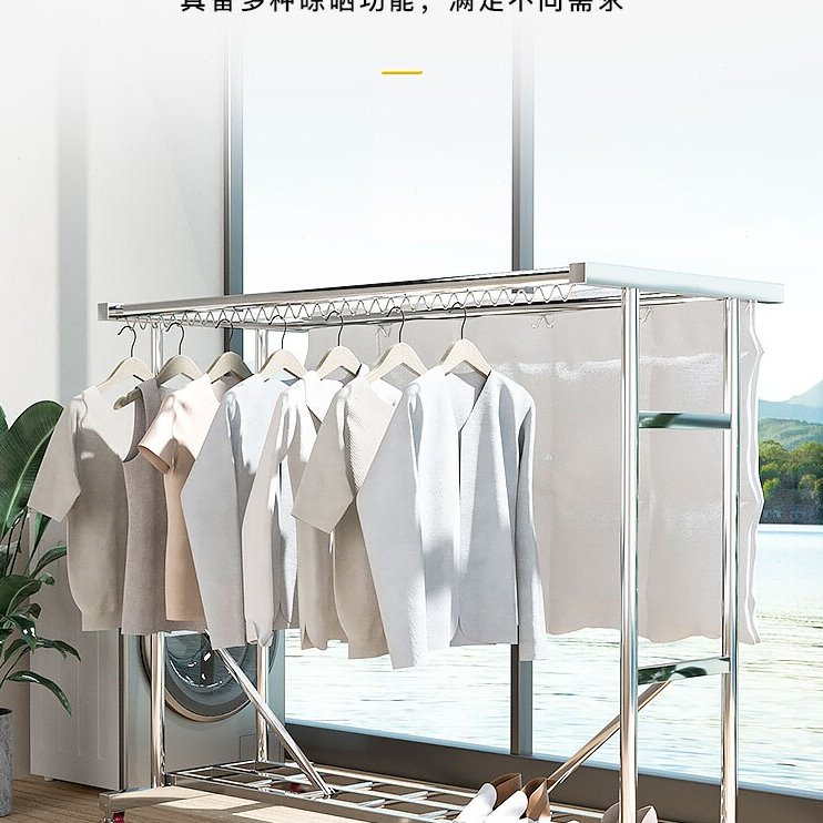 正304不锈钢晾衣架落地加厚加粗家用阳台室内户外带滑轮晒衣被杆