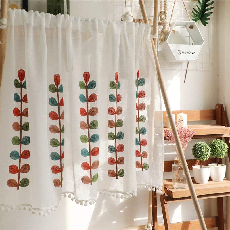 门帘立体叶子刺绣窗纱高档咖啡半帘日式百搭P定制棉麻隔断遮挡帘