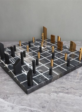 简约大理石水晶玻璃棋盘摆件售楼处H样板房装饰品轻奢国际象棋