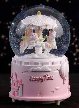 旋转木马音乐盒带灯创意生日礼物女生水晶球礼品家居装饰树脂摆件