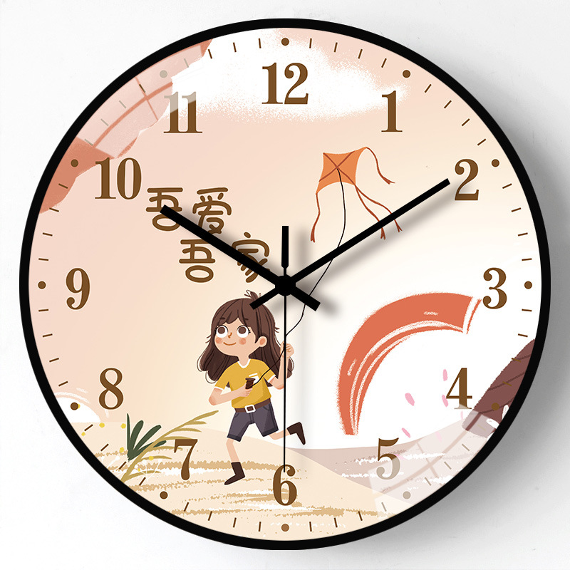 中国风钟表现代简约静音时钟挂墙装E饰家用石英钟客厅卡通创意挂