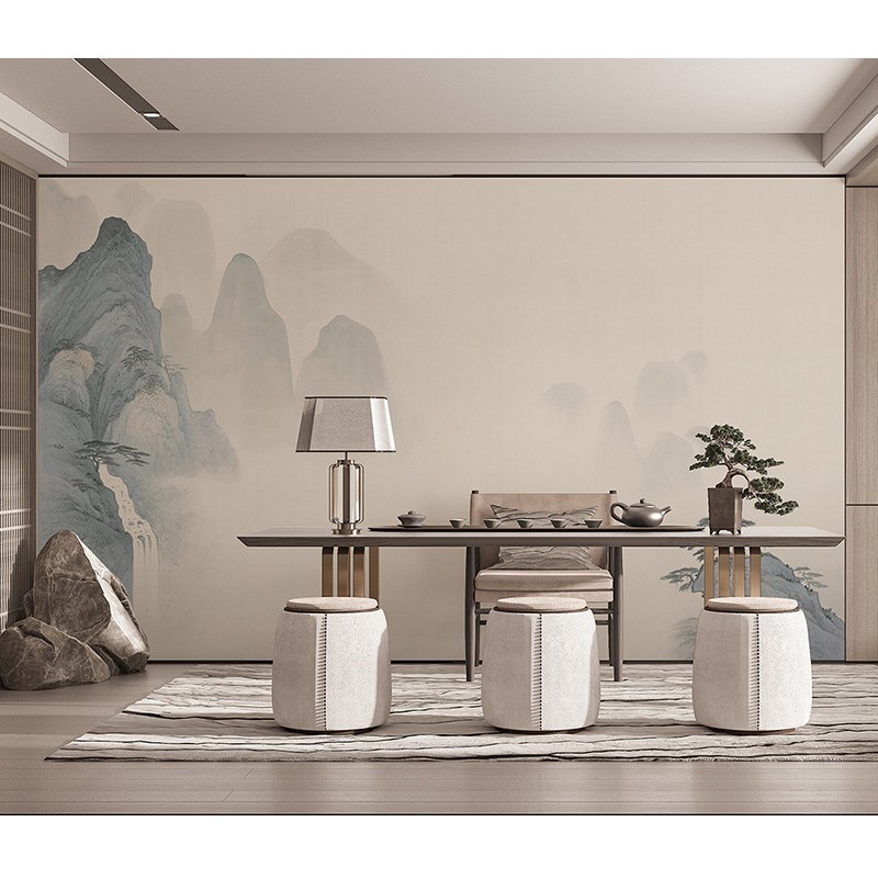新中式水墨山水电视背景墙卧室风景壁画墙纸客厅茶U室壁布书房墙