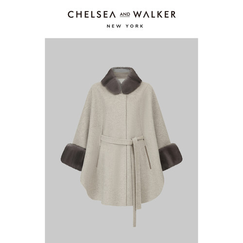 Chelsea and Walker 100%双面羊毛斗篷大衣新年战袍水貂皮草外套