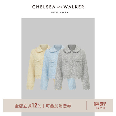 Chelsea and Walker美利奴羊毛针织开衫温柔花边娃娃领小香风毛衣