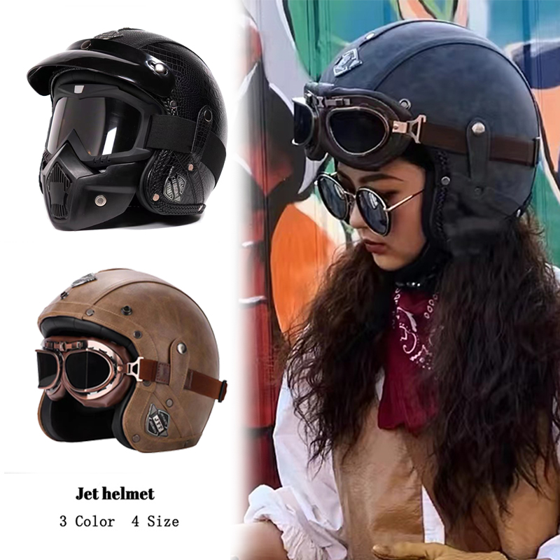复古电动摩托车皮盔四季踏板巡航机车哈雷头盔男女电动车4/3半盔