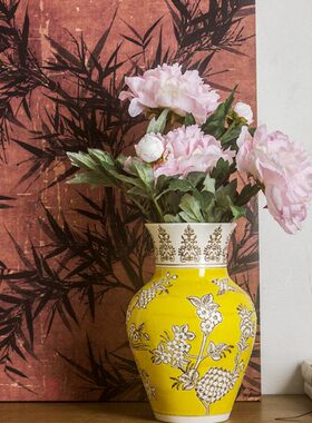 手工蓝色客厅摆件陶瓷花瓶绘高级感瓷瓶养花水培彩复古插花瓶黄