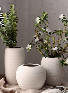 现代简约客厅摆件粗陶花盆北欧手工白色干花花瓶陶瓷水培插花多肉