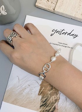 925纯银不规则珍珠猪鼻子拼接坦克链条银珠手链 女韩版时尚手饰