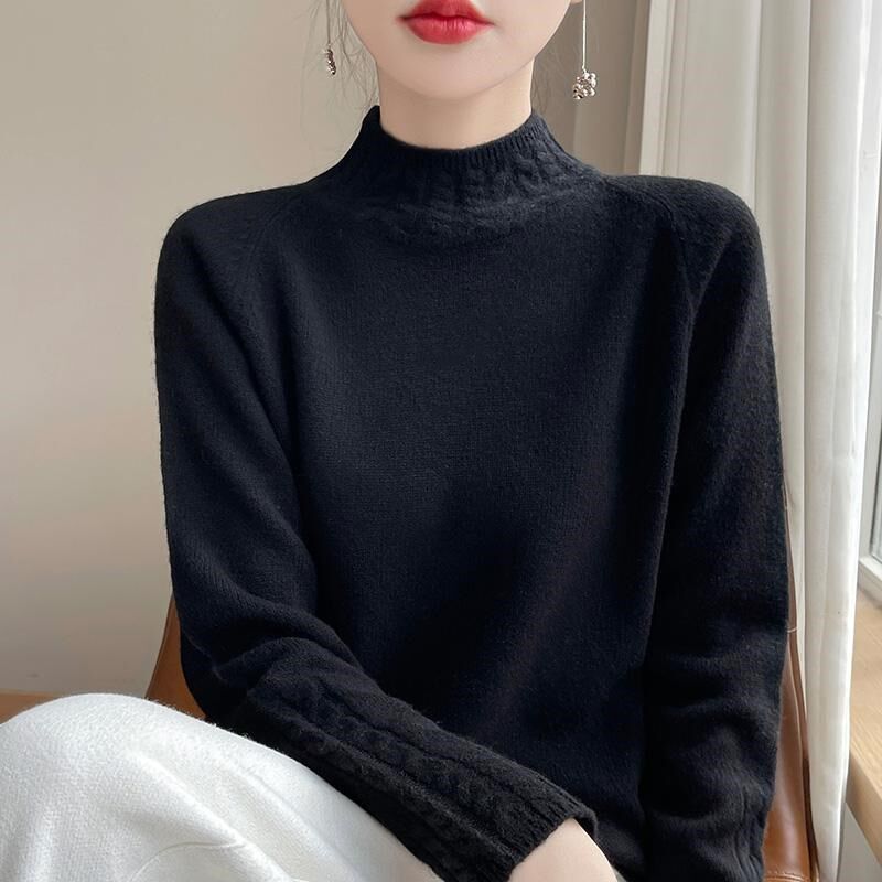 秋冬款100%羊毛衫女扭花半高领针织衫宽松短款套头毛衣打底羊毛衫