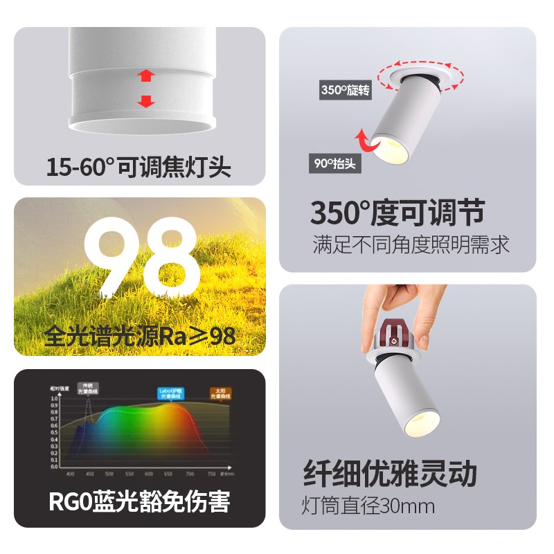 明装免打孔创意射灯变焦万向旋转可调光束角客厅吸顶照画吧台聚光