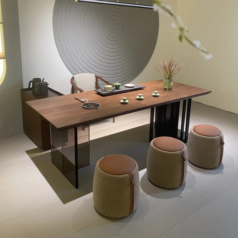 新中式实木茶室茶桌椅组合轻奢z简约北美黑胡桃木茶台家用实用泡