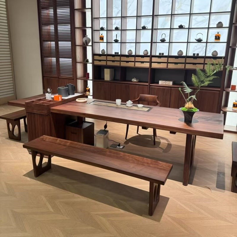 新中式实木茶f桌2025新款高端定制北美黑胡桃木茶台现代简约泡茶