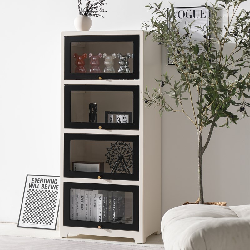 奶油风陈列柜防尘书柜客厅展示柜多D层落地收纳柜家用玻璃门储物