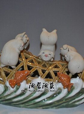 猪笼入水为财陶瓷工艺石湾公仔开张送礼家居客厅动物摆件