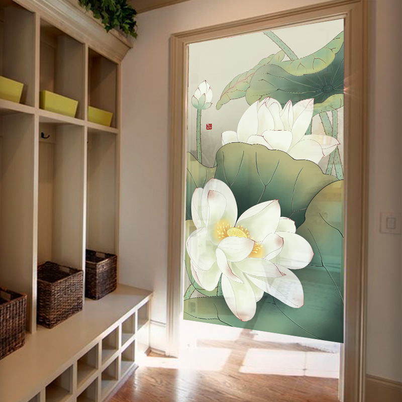 画意挡风空调帘卫生间软隔断挂帘家用布艺定制长门W帘半透装饰荷