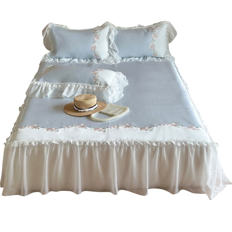 可水洗凉感冰丝凉席三件套小清新花卉刺绣床裙可折叠夏季空调席子