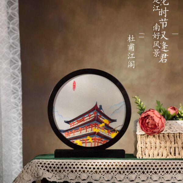 湘传礼湘绣爱晚亭张家界桃花源杜甫江阁纯手工双面绣圆屏摆件礼品