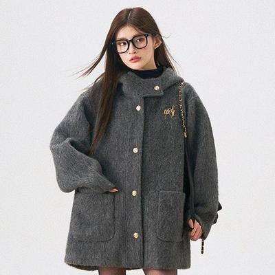 高级感连帽羊绒呢子大衣女冬季深灰色小个子羊毛呢外套羽绒服内胆