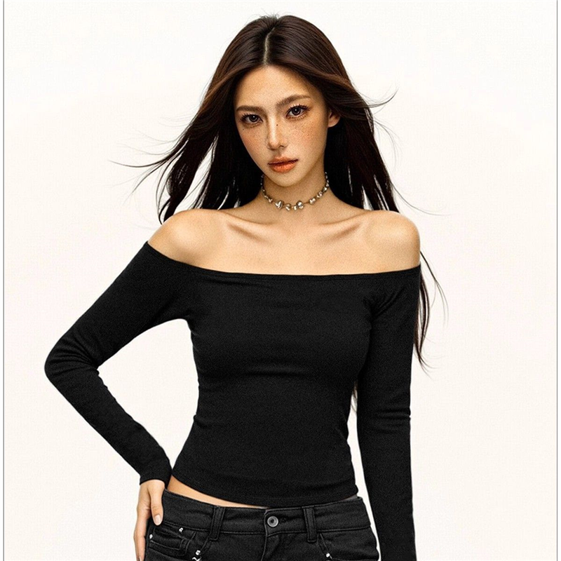 美式黑色一字肩长袖t恤女秋季修身紧身辣妹露肩一字领打底衫上衣,女装/女士精品,T恤,淘宝优惠券,粉丝福利购,淘宝优惠卷