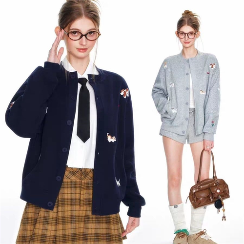 Lady ideal美式重磅400G圆领卫衣外套女春秋新款宽松毛衣针织开衫