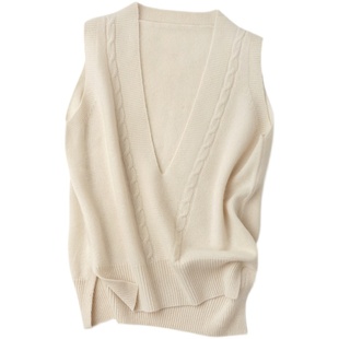 出口单100%山羊绒冬女V领套头宽松休闲保暖坎肩叠穿马甲针织背心