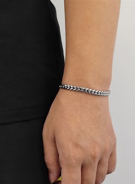 欧美跨境嘻哈不锈钢古巴手链弹簧扣圆磨加密钛钢男士手链饰品