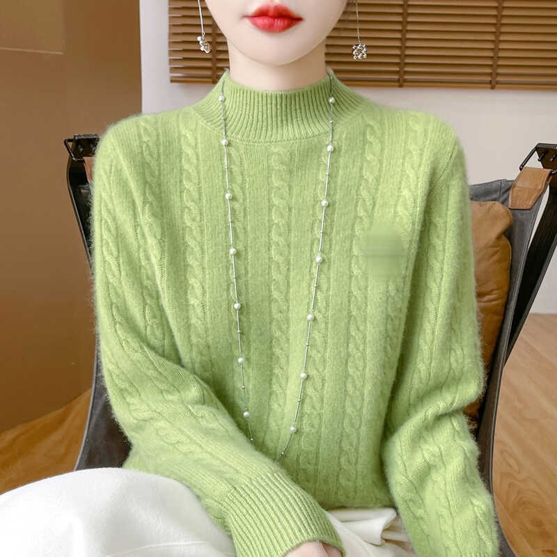100%纯羊绒衫女半高领绞花加厚套头毛衣宽松慵懒风羊毛针织打底衫