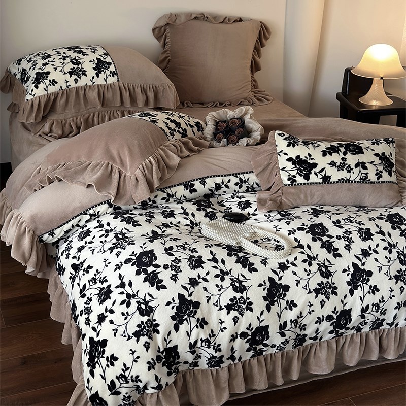 法式复古风e冬季牛奶绒床上四件套加厚保暖珊瑚绒被套床单毛绒床