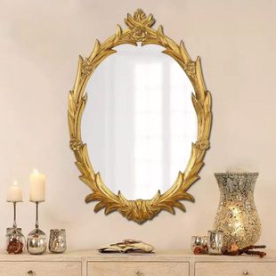 中古镜子定制上墙椭圆化妆镜壁挂新中式木框雕花卧室挂墙式梳妆镜